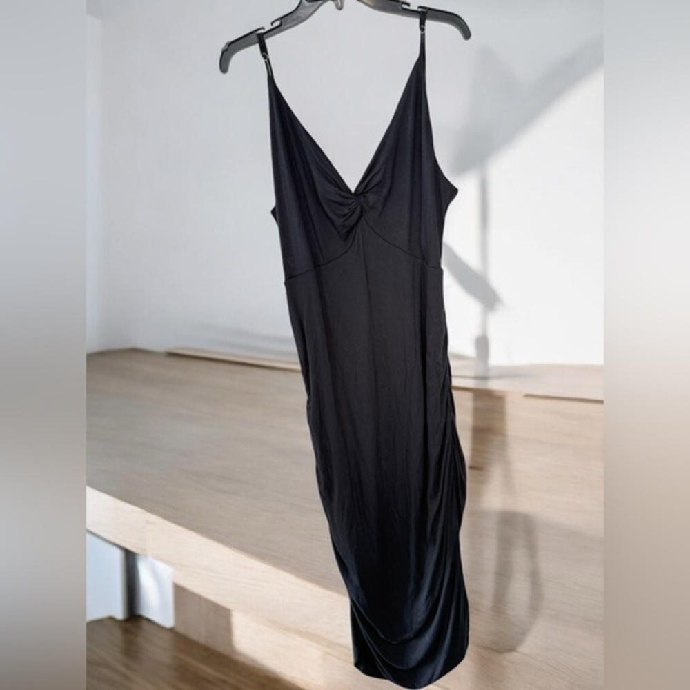 Anthropologie Black Dress Black Twist Front Midi Dress Size Large L fitted - Picture 2 of 14